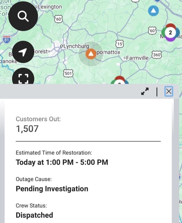 Dominion Energy outage tracker at 9:04 a.m. showing 1,507 customers out near Appomattox